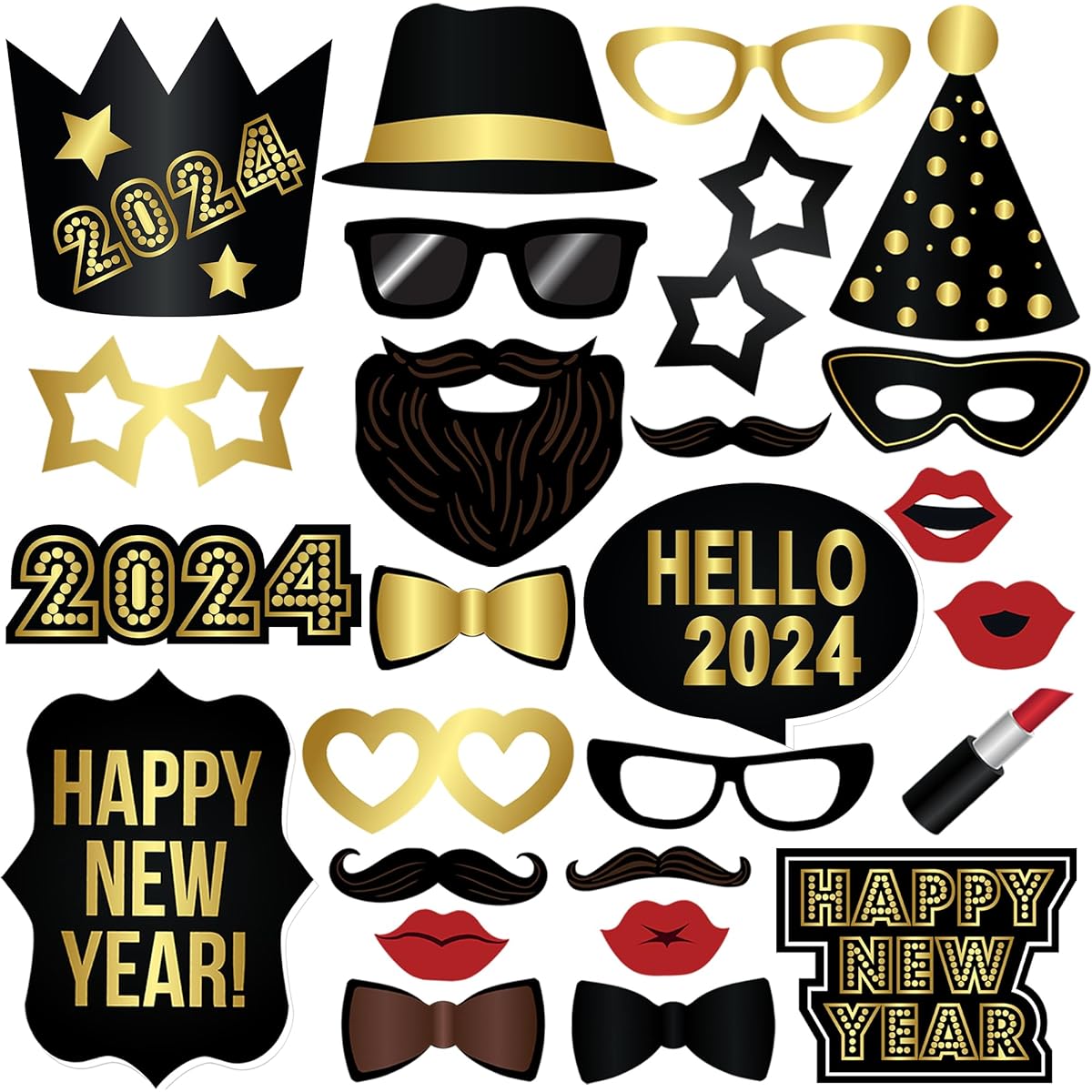 New Year Photo Booth Props 2023 - Pack of 26 | Black Gold Foil New Year's Eve Photo Booth Props | New Year Photo Props Happy New Year Decoration 2023 | New Year Eve Party Supplies 2023