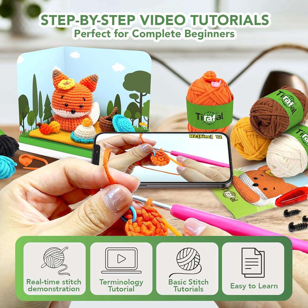 Tirafal Crochet Kit for Beginners: Crochet Animal Kit with Yarn Crochet Gift Box with Scenic Display Step-by-Step Video Tutorial for Adults and Children DIY Knitting Supplies - Spring Fox Theme