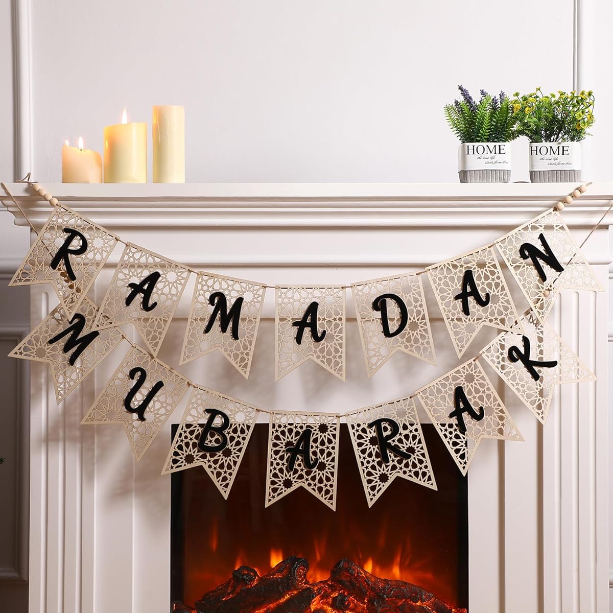 SmoothNovelty Eid Ramadan Mubarak Banner Wooden Ramadan Mubarak Decor Rustic Beads Ramadan Decorations Banner Muslim Party Decoration Supplies Home Fireplace Mantel Indoor Outdoor Decor