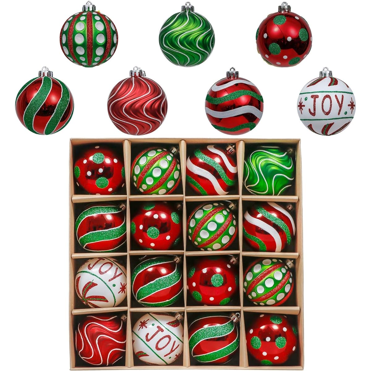 Valery Madelyn 16ct 80mm Green Red White Christmas Ball Ornament Decoration Classic Collection Splendor Shatterproof Christmas Tree Ornament Christmas Decoration
