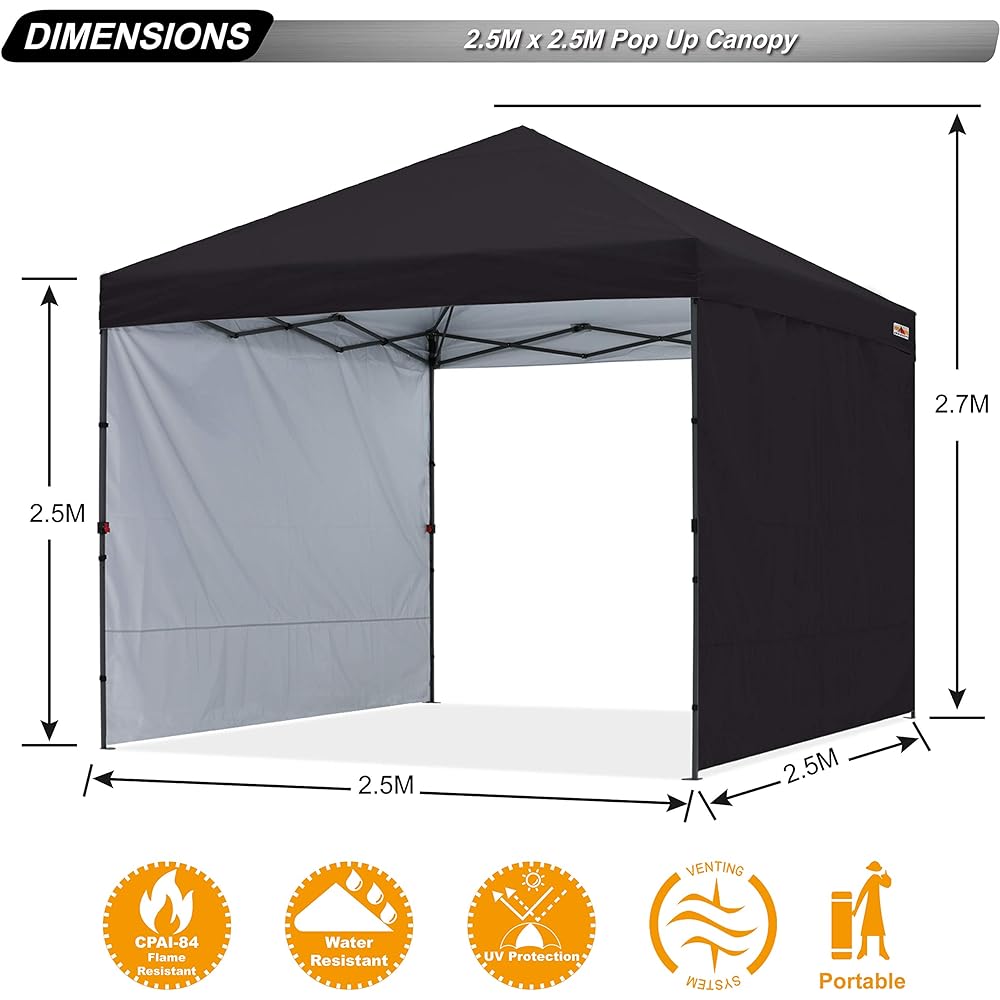 ABCCANOPY Tarp Tent One-Touch with 2 Side Sheets Center Lock 3m/2.5m/2m 3 Level Adjustment Includes Caster Bag Large Size for 8 People Easy to Assemble Accessories Included (2.5M/Black)