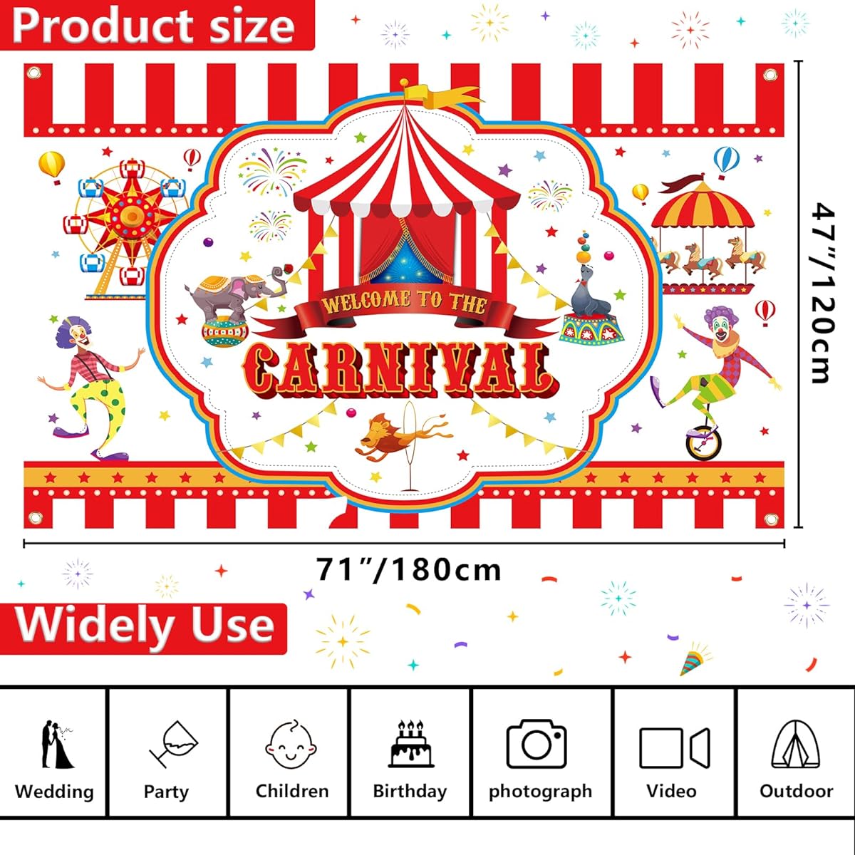 Welcome to the Carnival Backdrop, Circus Theme Party Background, Extra Large Red and White Stripes Backdrop, Carnival Theme Party Decorations, Kids Birthday Party Supplies, 71x47inch Carnival Banner