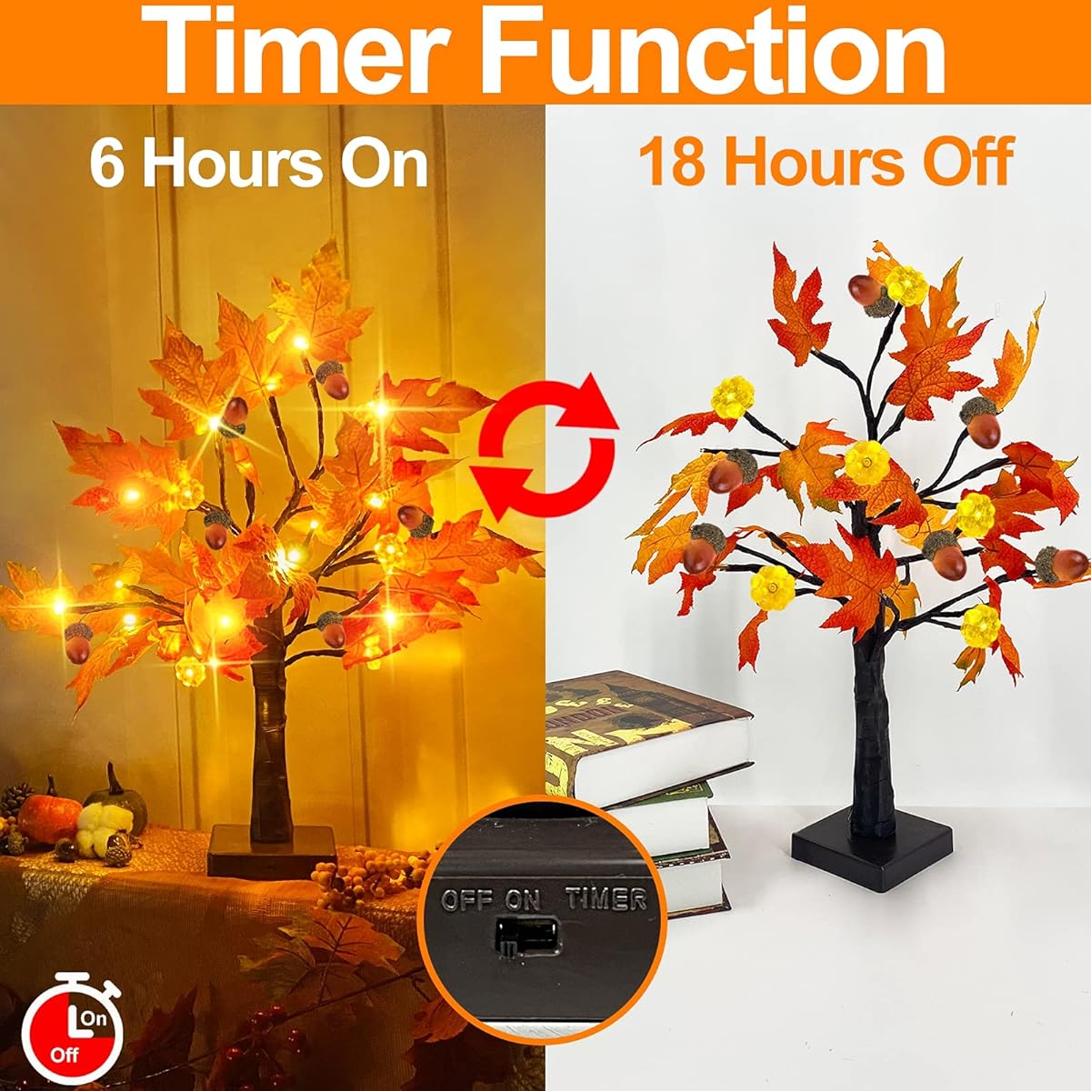 TURNMEON 2 Pack 20 Inch Fall Lighted Maple Tree Decoration with Timer Battery Operated Tabletop Acorn Pumpkin Tree Thanksgiving Decorations Artificial Maple Tree Fall Harvest Home Indoor (Warm White)