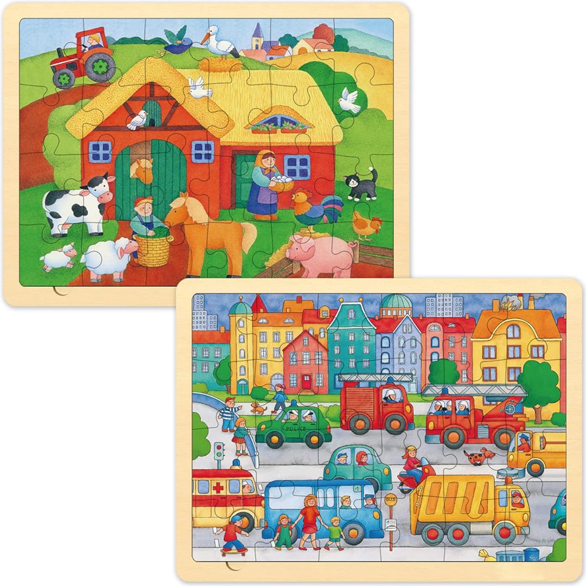 MoinKidz 24 Piece Puzzles for Ages 3-5 with Pictures Below, 2 Pack Unique Piece Wooden Jigsaw Puzzles for Ages 2 3 4, Farm, Transportation Themed Kindergarten Puzzles with Puzzle Tray