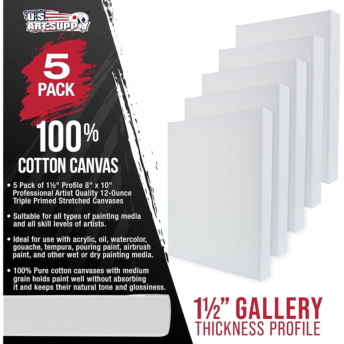 U.S. Art Supply 8" x 10" Gallery Depth 1-1/2" Profile Stretched Canvas 5 Pack, Acrylic Gesso Triple Prime, 12oz 100% Cotton, Acid Free Back, Stapled