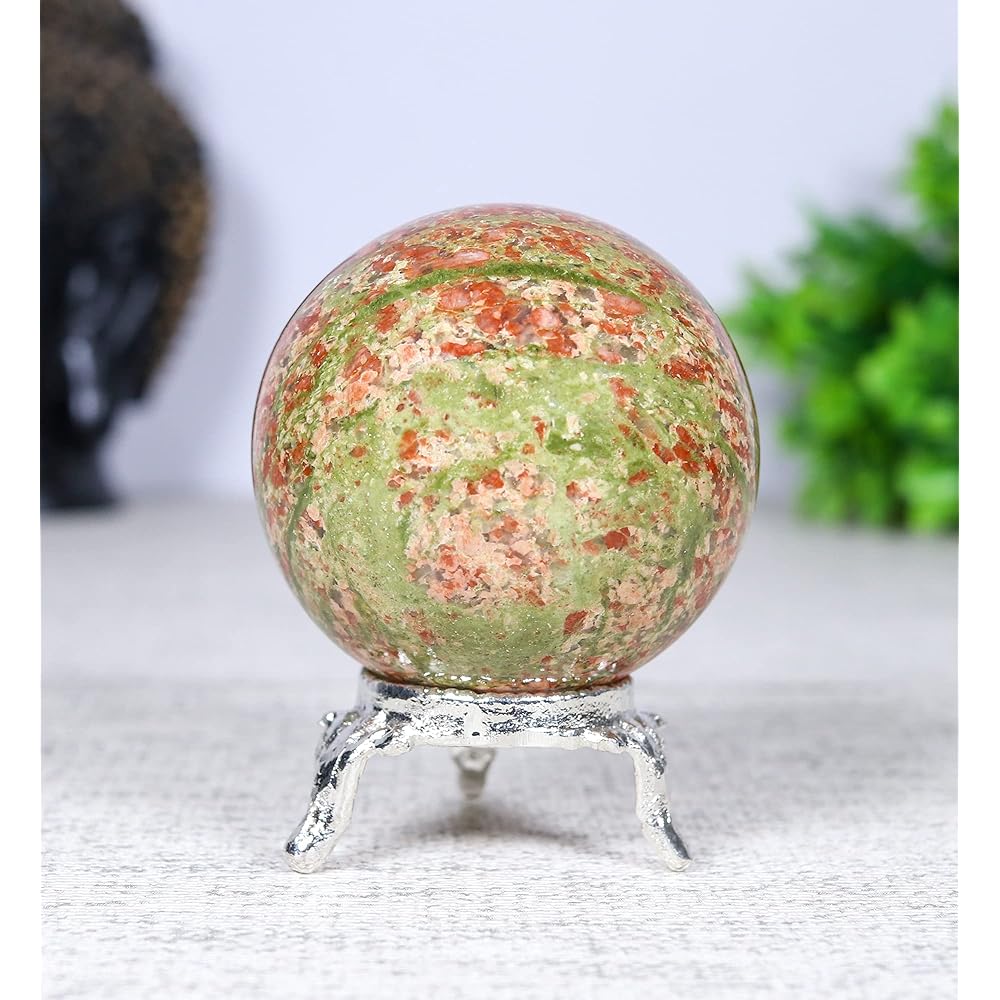 Crocon 50mm Unakite Stone Sphere with Metal Stand, Over 1400 Carats Gemstone Ball Healing Sphere Sculpture Figurine Feng Shui Fortune Telling Home Decor Photography Crystal Sphere
