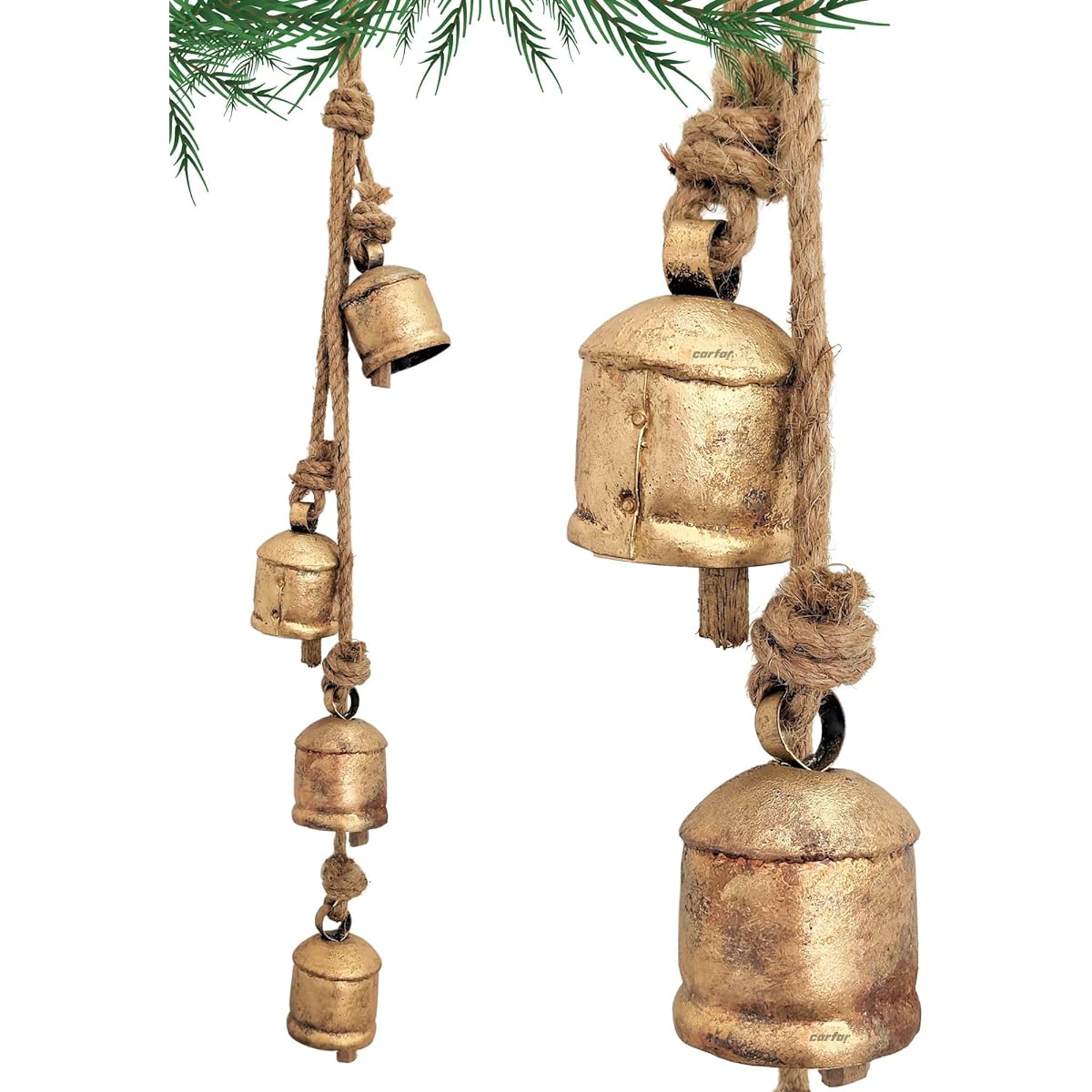 Carfar Rustic Style Bell Cluster Handmade Metal Harmony Christmas Cowbell Hanging on Jute Rope