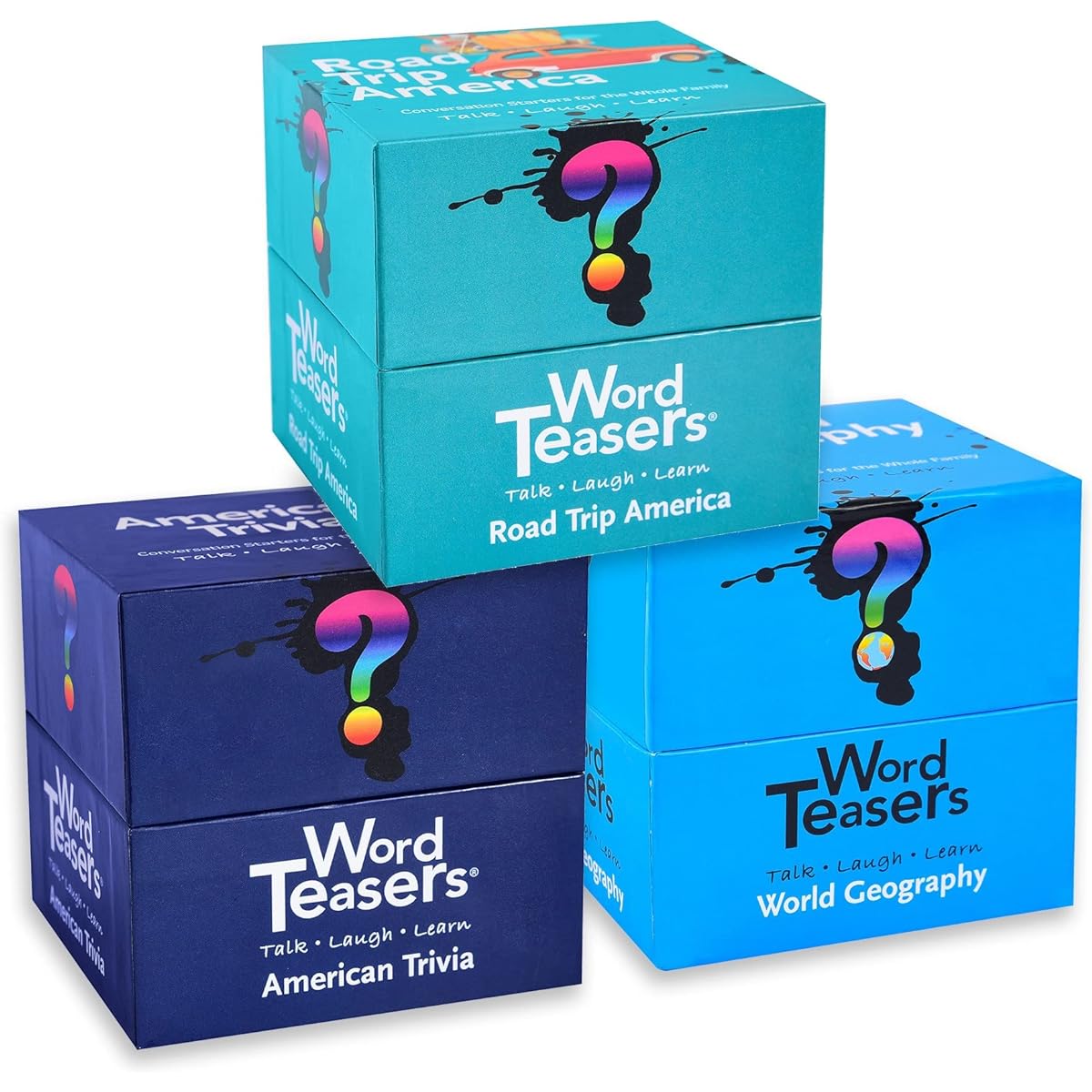WorD TEASERS History & Geography Set - American Trivia World Geography & Road Trips USA 3 Pack Set - Fun and Entertaining Trivia Cards for Adults, Teens & Kids