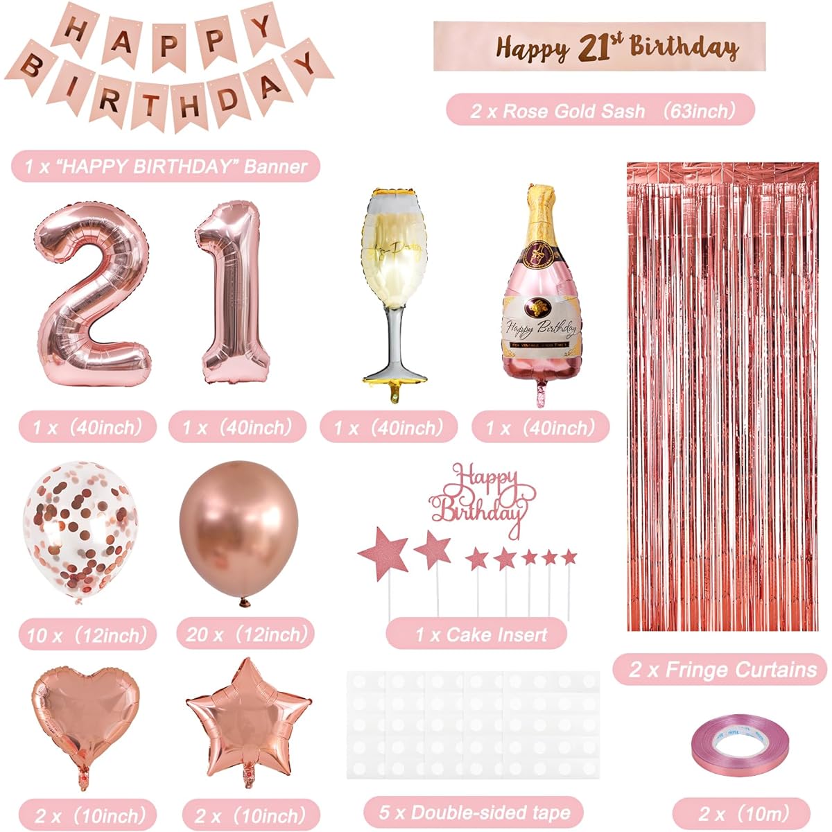 RUBFAC 21st Birthday Decorations for Girls, Rose Gold Sweet 21st Birthday Party Decorations, Pre-strung Banner Kit for 21st Birthday Party, Rose Gold Balloons, Birthday Party Supplies