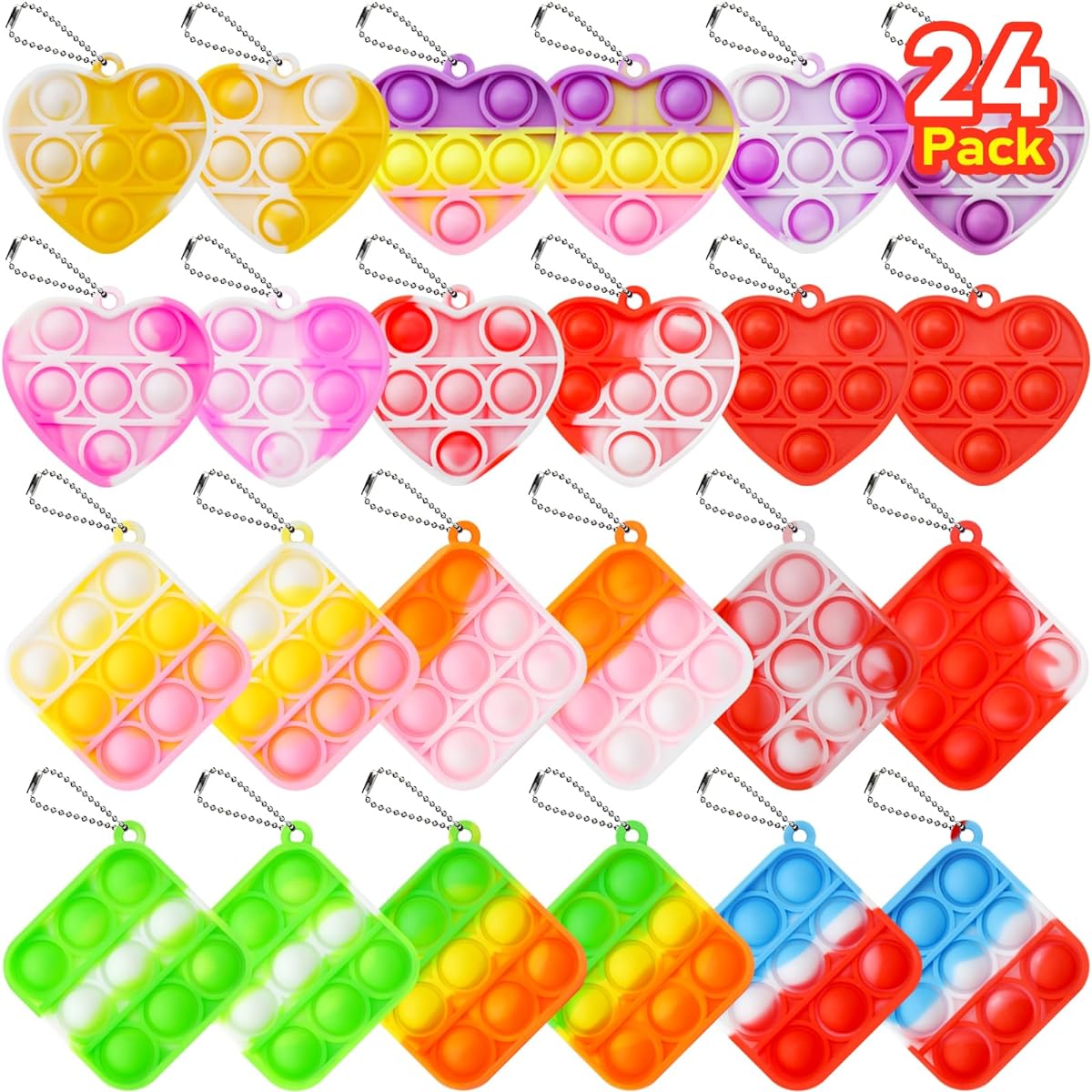 Pop Heart Square Keychains, 24 Pack Heart Fidget Toys Kids Party Favors Classroom Prizes Push Pop Heart Keychains Bulk Mini Heart Pop Toys Boss Girls Valentine's Day Fidget Poppers