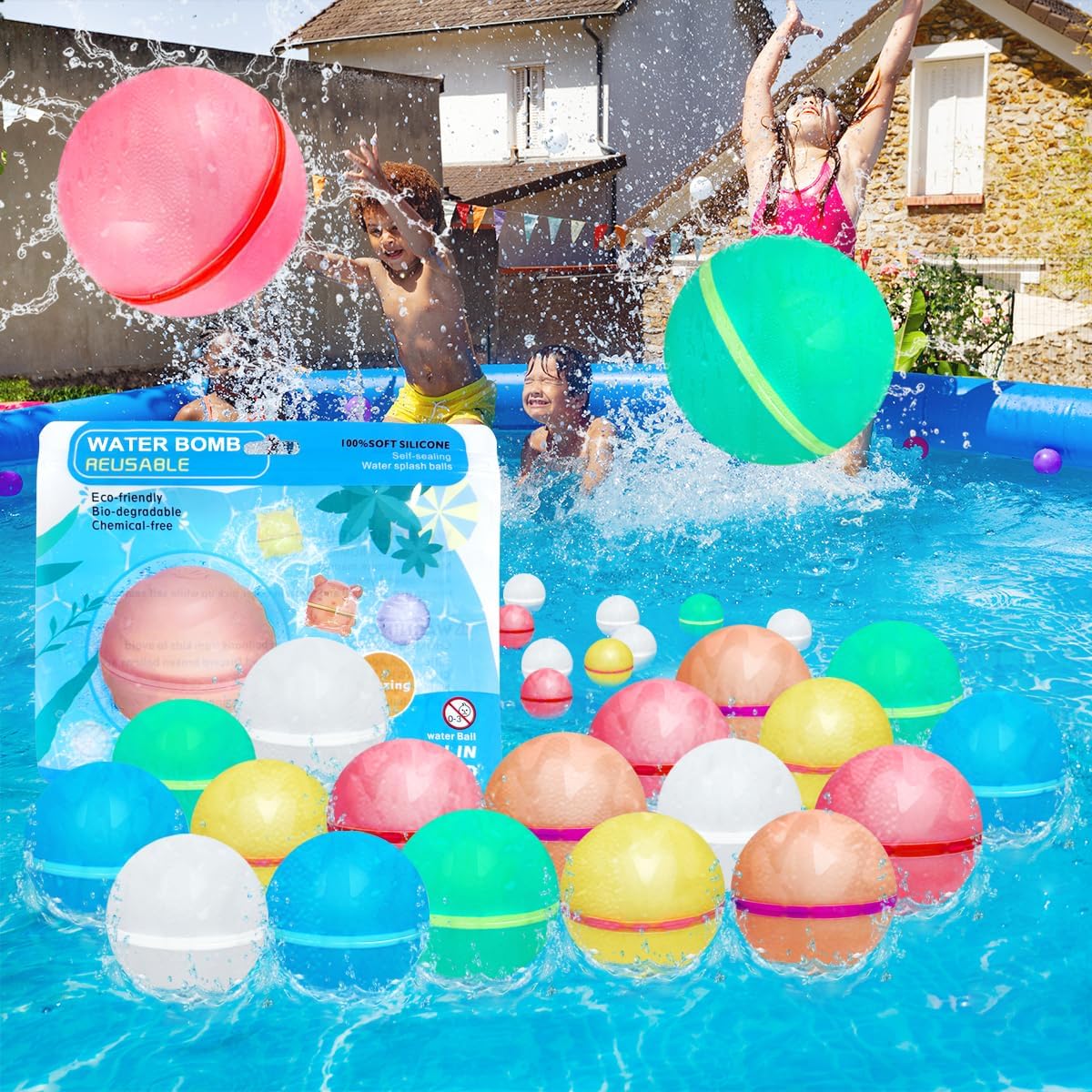 Peekoal Silicone Water Balloons 18pcs Refillable Water Bombs Quick Fill Reusable Water Balloons for Kids Summer Outdoor Water Games