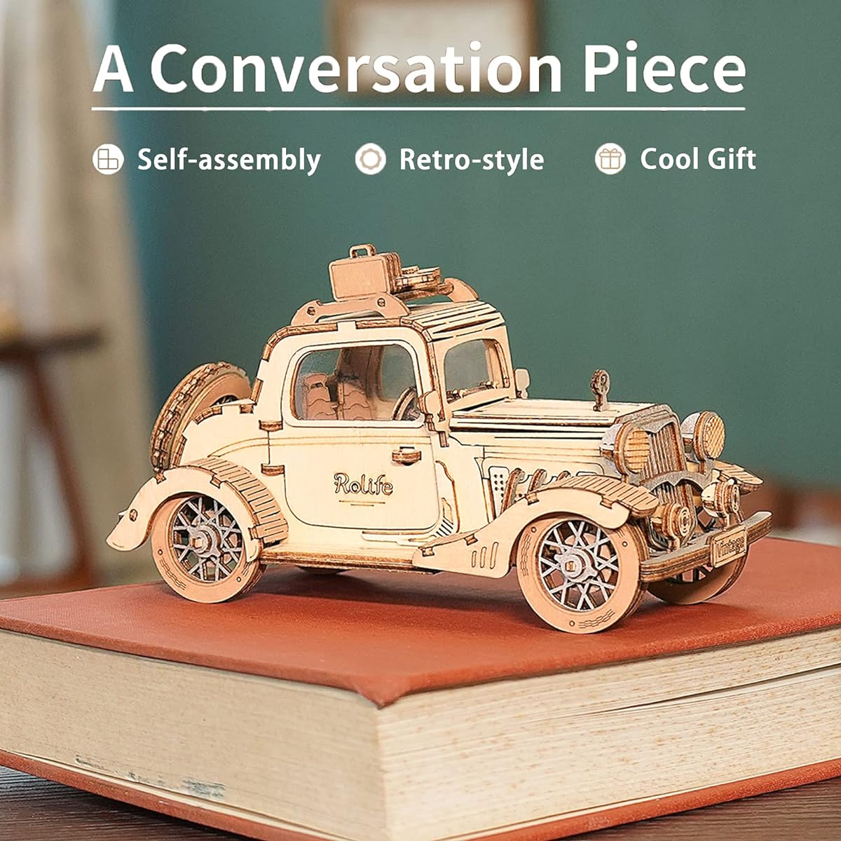 Rolife 3D Wooden Puzzle Retro Model Car Kit – 164 Pieces Collectible Desk Display Gift for Boys/Girls (Vintage Cars)