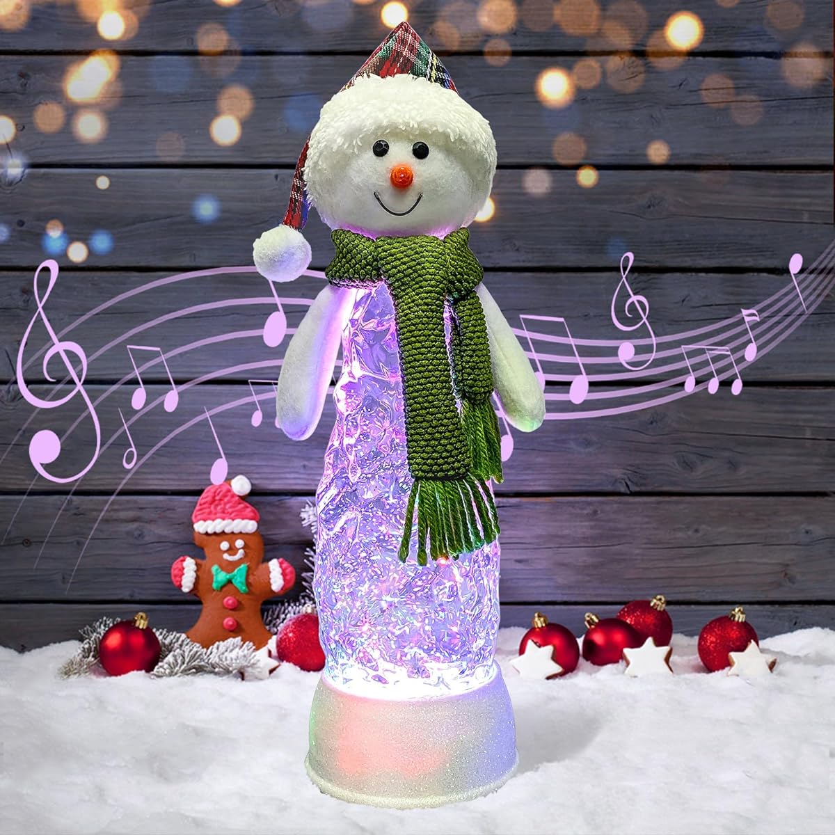 Musical Snowman with Knitted Green Scarf Water Light Lantern 6 Hour Timer USB Battery Powered Snow Globe Home Christmas Decoration