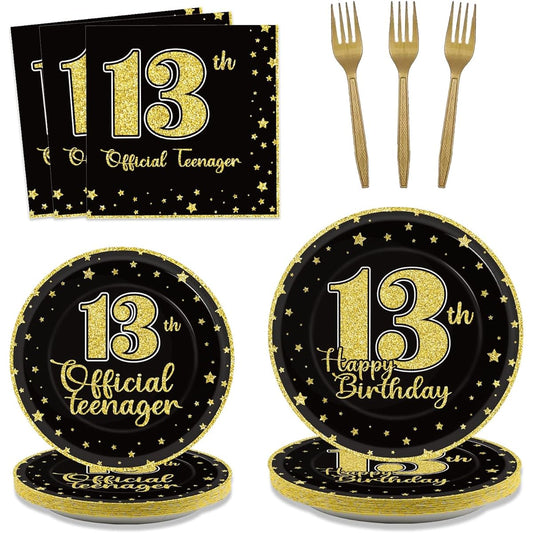 96 Pieces 13th Birthday Party Supplies Official Teenager 13 Year Old Tableware Table Decorations Black Gold Birthday Plates for Teenagers Boys Girls 13 Years Old Birthday Party Favors for 24 People