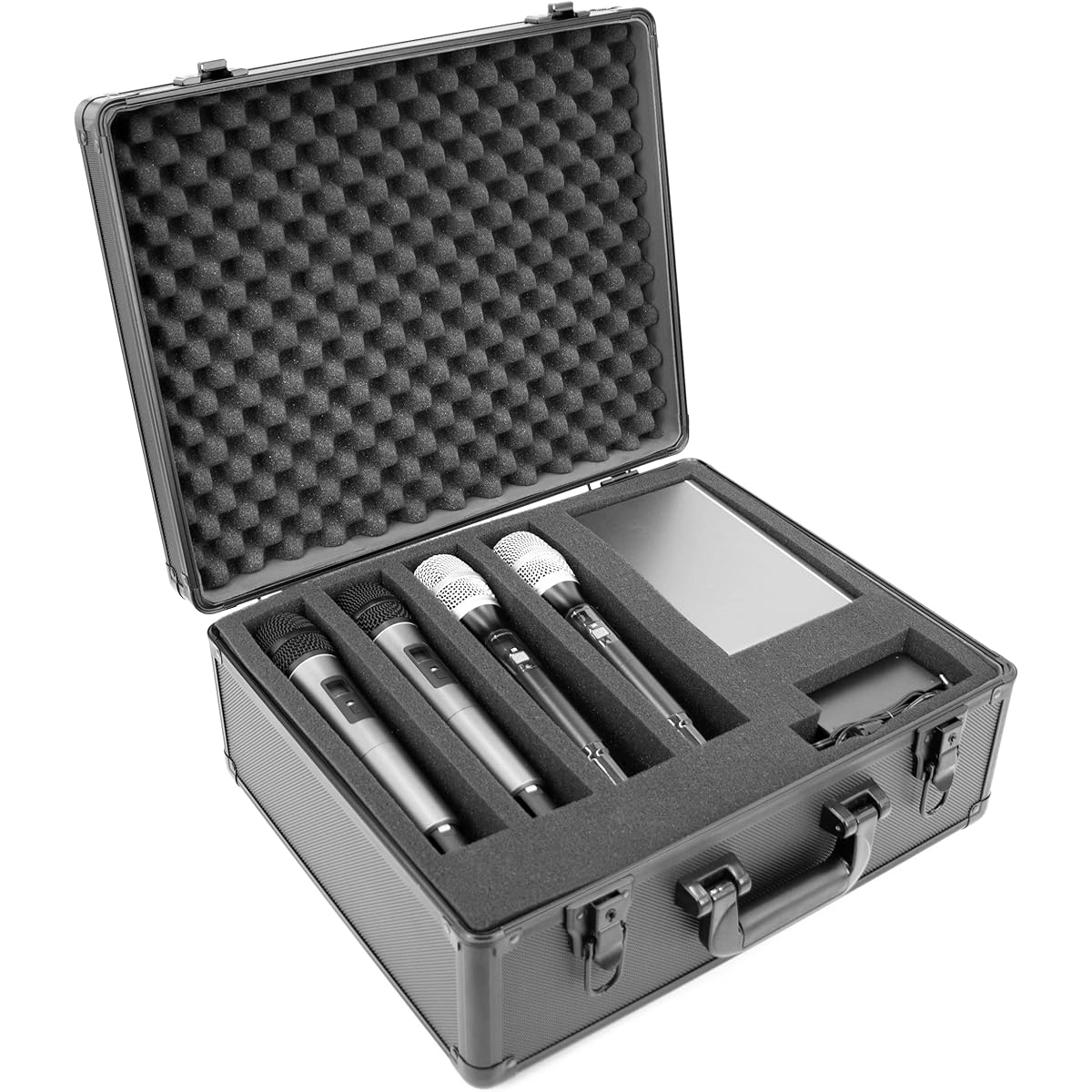 CASEMATIX 17" Locking Microphone Case with 2 Layers of Customizable Foam - Aluminum Microphone Case Lock Box for Audio Accessories and Microphone Bags with 2 Keys for Microphone Receiver Cable Mixer