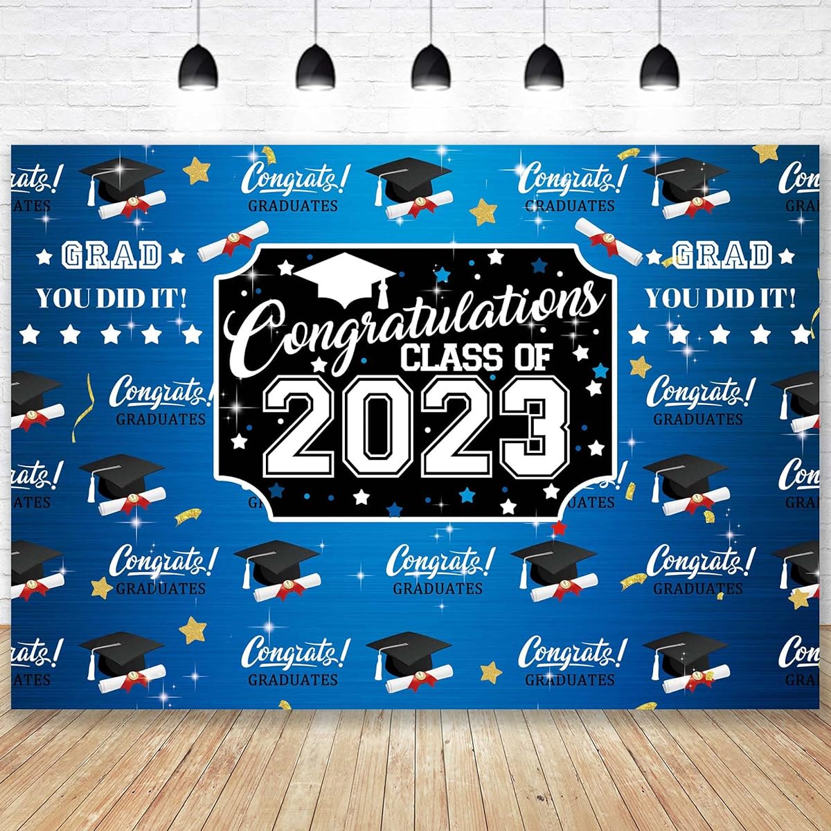 Negeek Fabric 7x5ft Class of 2023 Graduation Class Backdrop Black and Blue Bachelor Cap Decoration Prom Party Portrait Photo Booth Props Banner Photography Backdrop