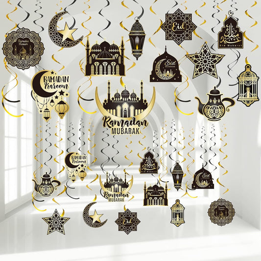 30 Pieces Ramadan Hanging Swirls Decoration Eid Mubarak Ramadan Ceiling Decoration for Home Foil Hanging Swirls Stream Eid Kareem Theme Islamic Ramadan Party Supplies