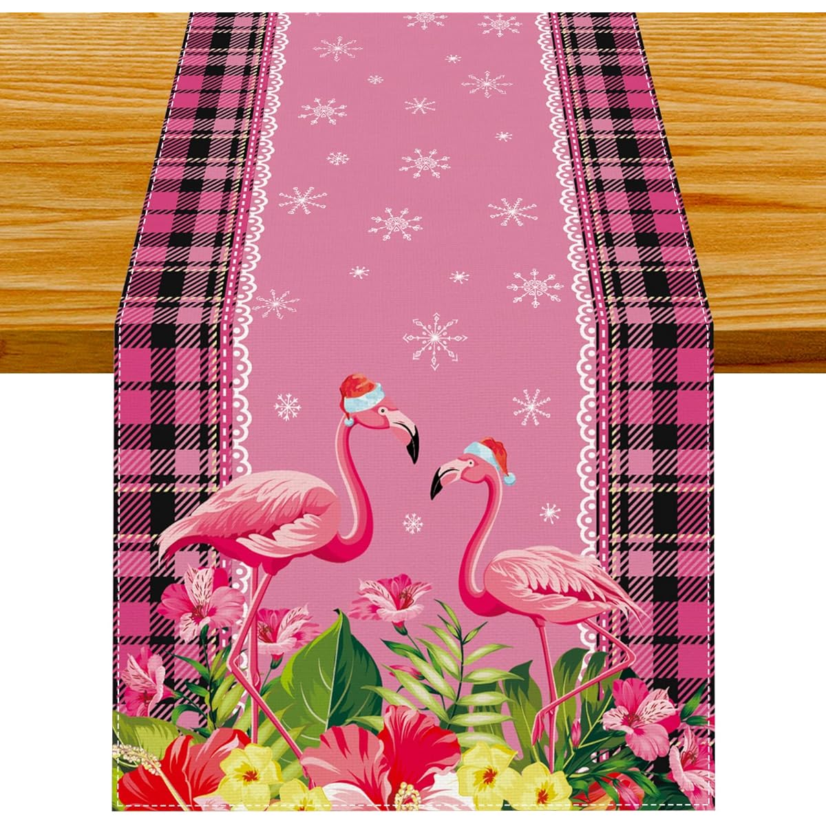FARMNALL Linen Pink Hawaiian Beach Flamingo Christmas Table Runner Coastal Hawaii Tropical Christmas Christmas Holiday Home Kitchen Table Decoration 13x72 Inch