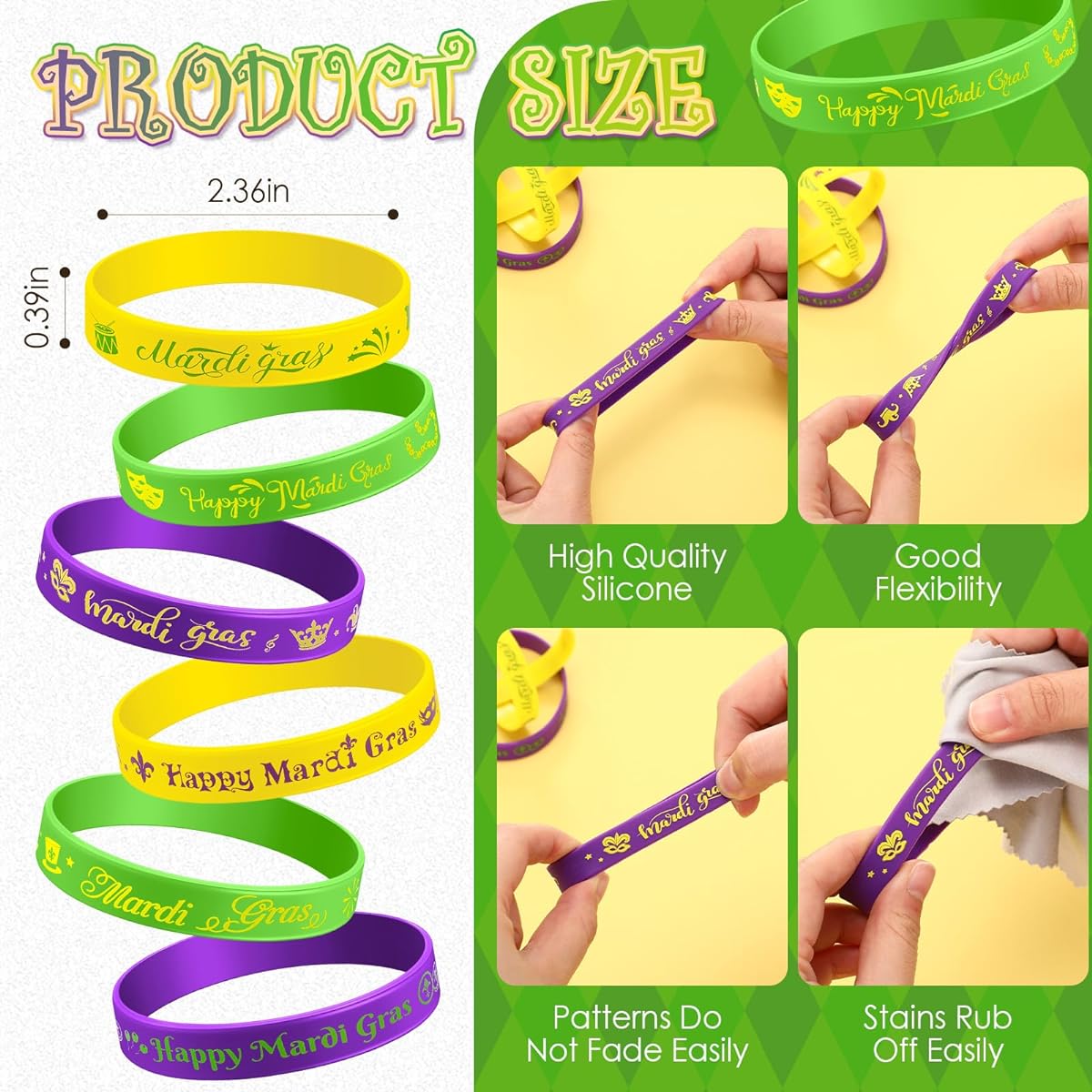Mardi Gras Silicone Bracelets, Mardi Gras Party Favors Rubber Bracelets Party Supplies Decorations Goodie Bag Stuffers Silicone Wristbands (192pcs)
