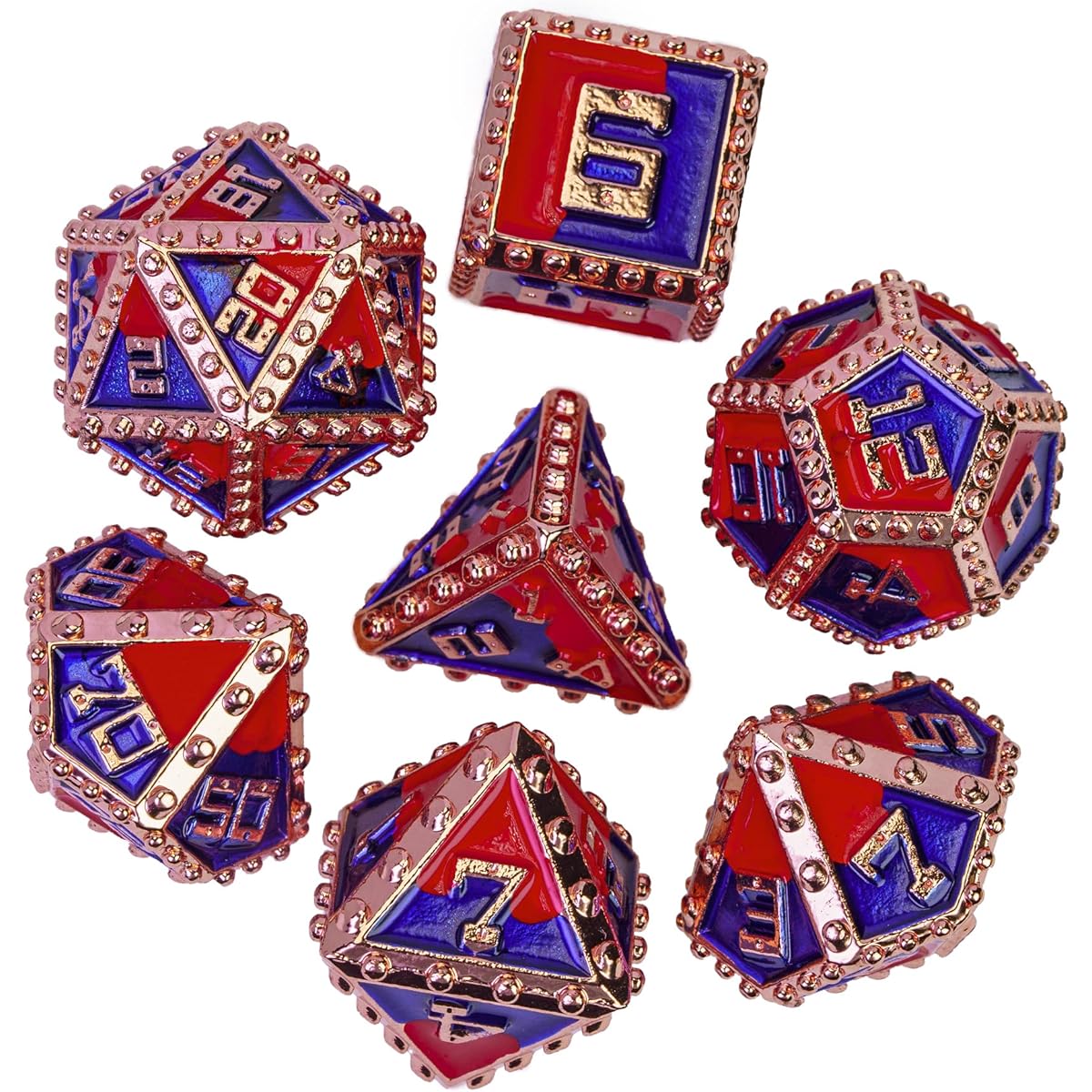 UDIXI Metal Dice Set, Metal DND Dice Set, Rivet D&D Dice Set for Dungeons and Dragons, Polyhedral Dice Set for Pathfinder MTG (Red Copper-Red Blue)