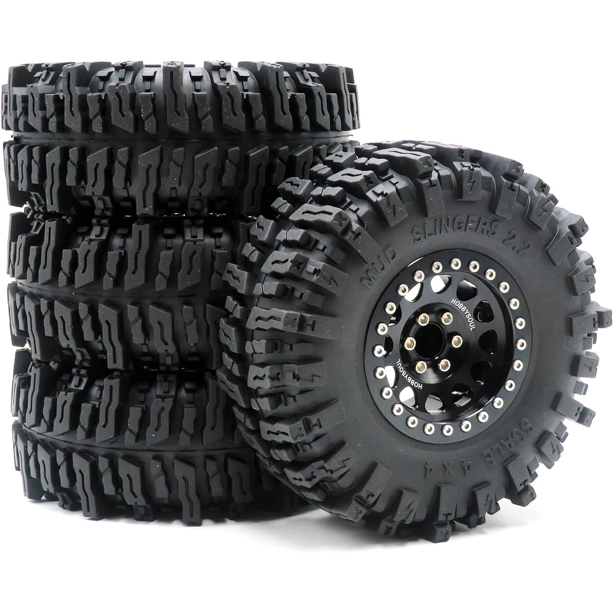 RC 2.2 Mud Slinger Tires Super Grip Crawler Tires 124mm/4.88inch Height & Aluminum Alloy 2.2 Beadlock Wheel Rims 12mm Hex Black Color 4pcs