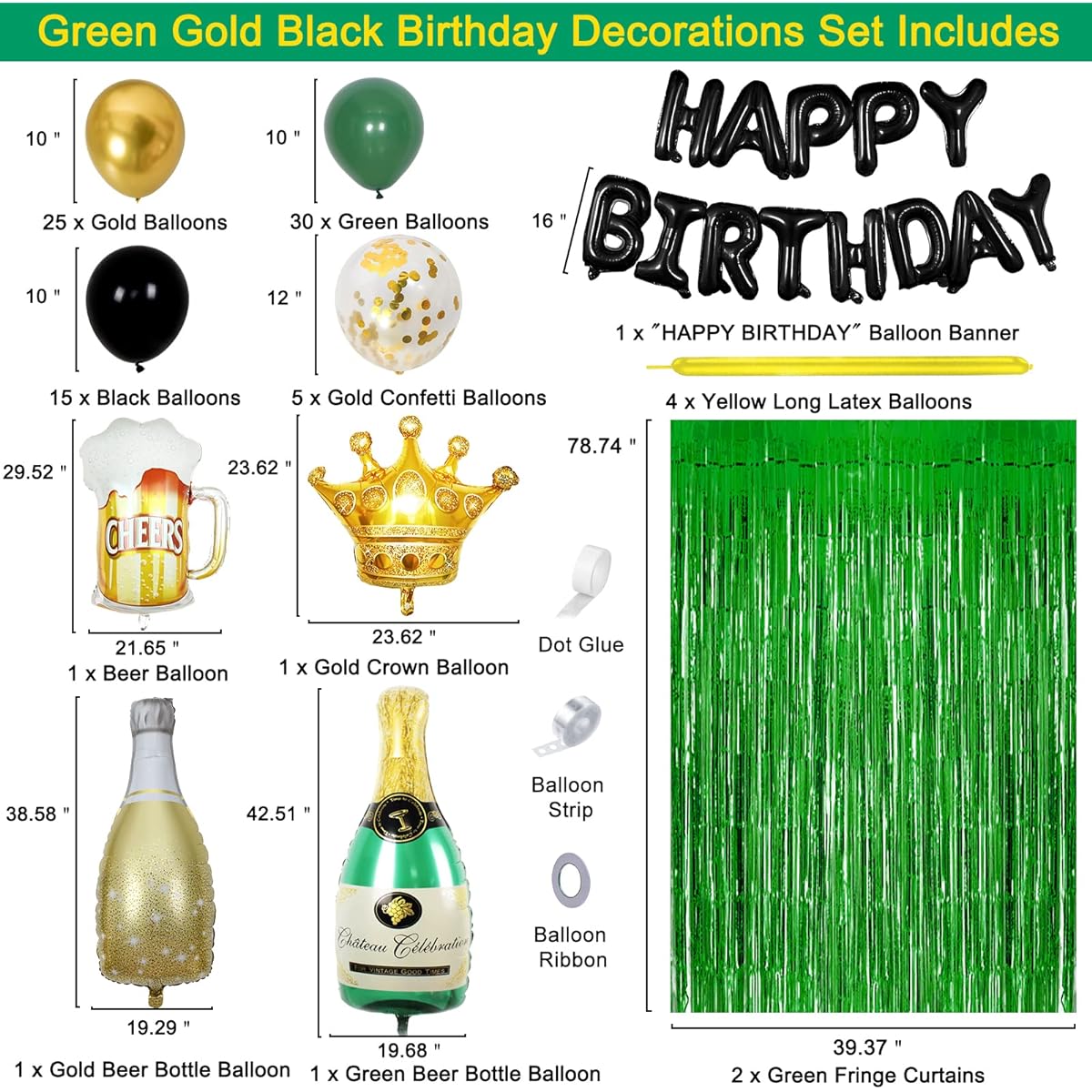 Green and Gold Birthday Decorations for Men Women 98 Pieces Green Black Birthday Party Decorations Boys Girls Happy Birthday Banner Birthday Balloons Fringe Curtains Birthday Party Supplies 21 Years Old 30 Years Old