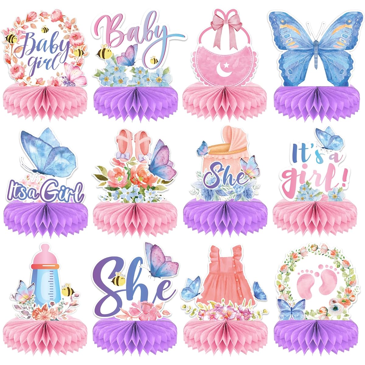 12 Pieces Butterfly Baby Shower Table Decorations Honeycomb Centerpieces It's a Girl Butterfly Table Centerpieces Floral Butterfly Table Toppers Baby Girl Gender Reveal Birthday Party Decorations