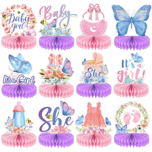 12 Pieces Butterfly Baby Shower Table Decorations Honeycomb Centerpieces It's a Girl Butterfly Table Centerpieces Floral Butterfly Table Toppers Baby Girl Gender Reveal Birthday Party Decorations