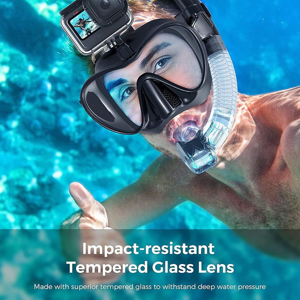 REYGEAK Snorkel Set Snorkeling 2 Piece Set Snorkel Camera Mount Compatible with GoPro 180° Viewing Frameless Swimming Face Mask Scuba Mouthpiece Diving Snorkel Mask for GoPro Hero Goggles Diving Glasses Underwater Glasses Anti-Fog Water Leak Prevention S