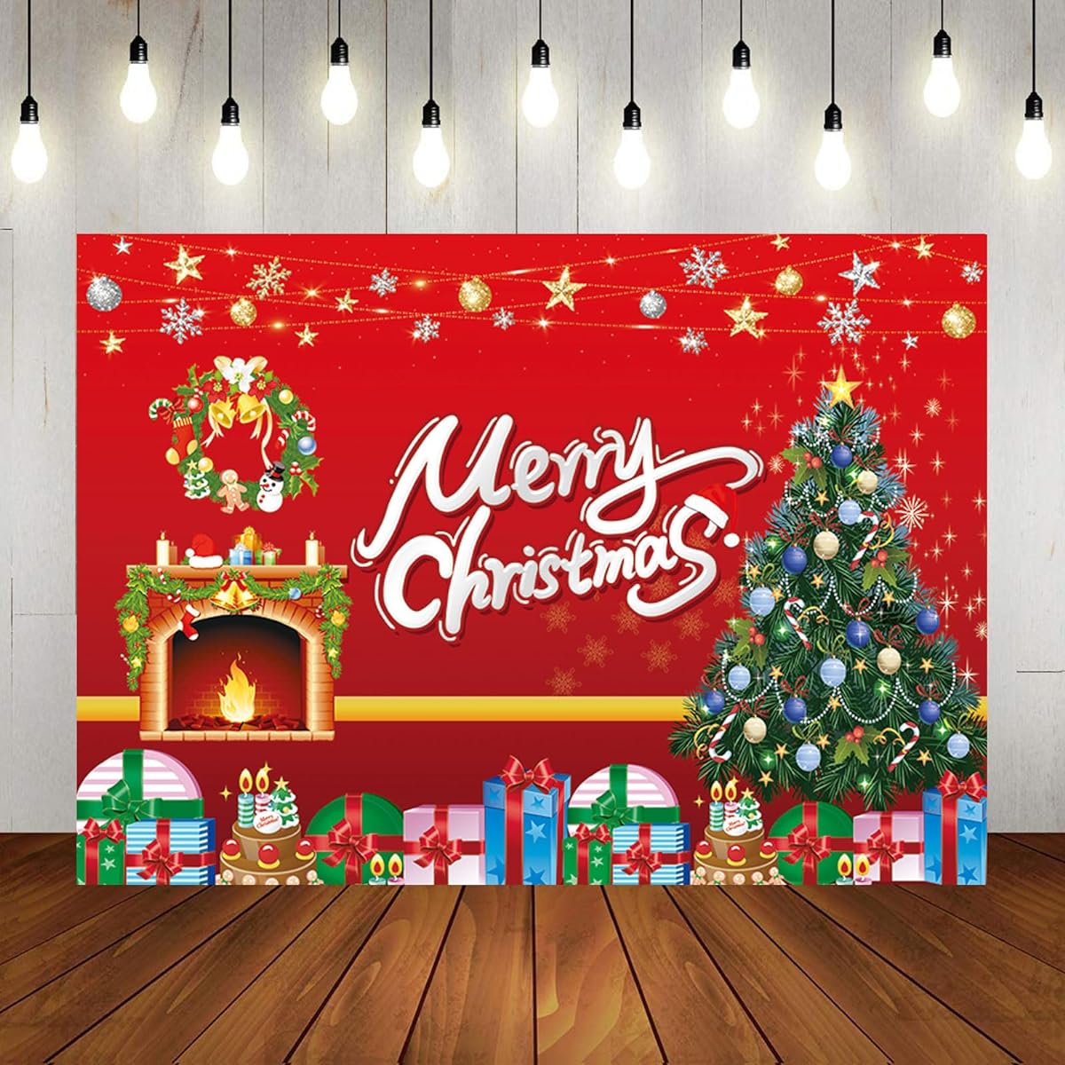Christmas Backdrop Merry Christmas Decorations Christmas Fireplace and Tree Background Merry Christmas Banner for Photos (7x5ft)