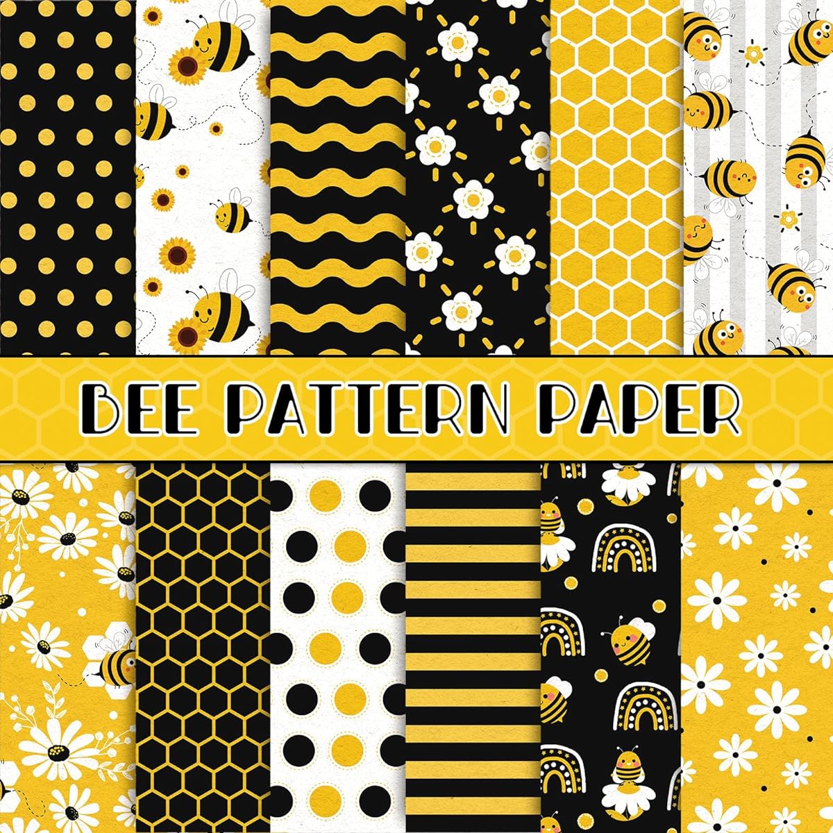 Whaline 12 Designs Bee Pattern Paper Pack of 24 Sheets Yellow Black Honeycomb Scrapbook Paper Double Sided Collection Decorative Craft Paper for Card Making Scrapbooking Photo Album Decoration 6 x 6 Inches