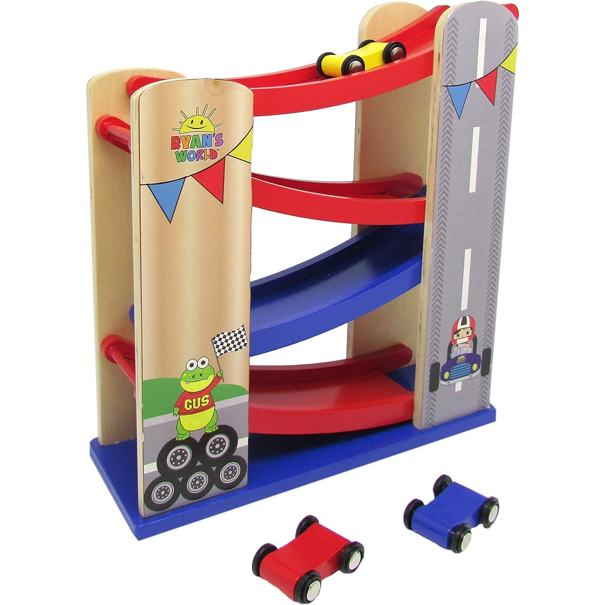 Ryan's World Kids' Favorite Ryan's World - Slope Racer - Wooden Car Race Track with 4 Wooden Race Cars