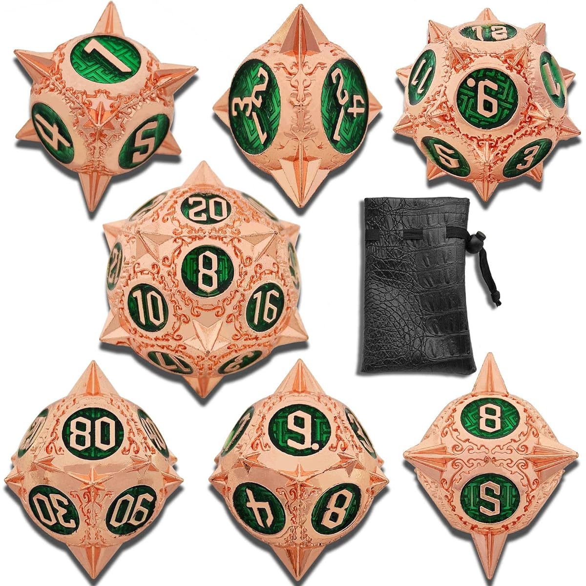 AHDKEJG Metal DND Dice Set D&D RPG Dungeons and Dragons Gifts Meteor Hammer Design Polyhedral Dice Set for D20 D12 D10 D8 D6 D4 MTG Warhammer Pathfinder Tabletop Game Red Copper Green