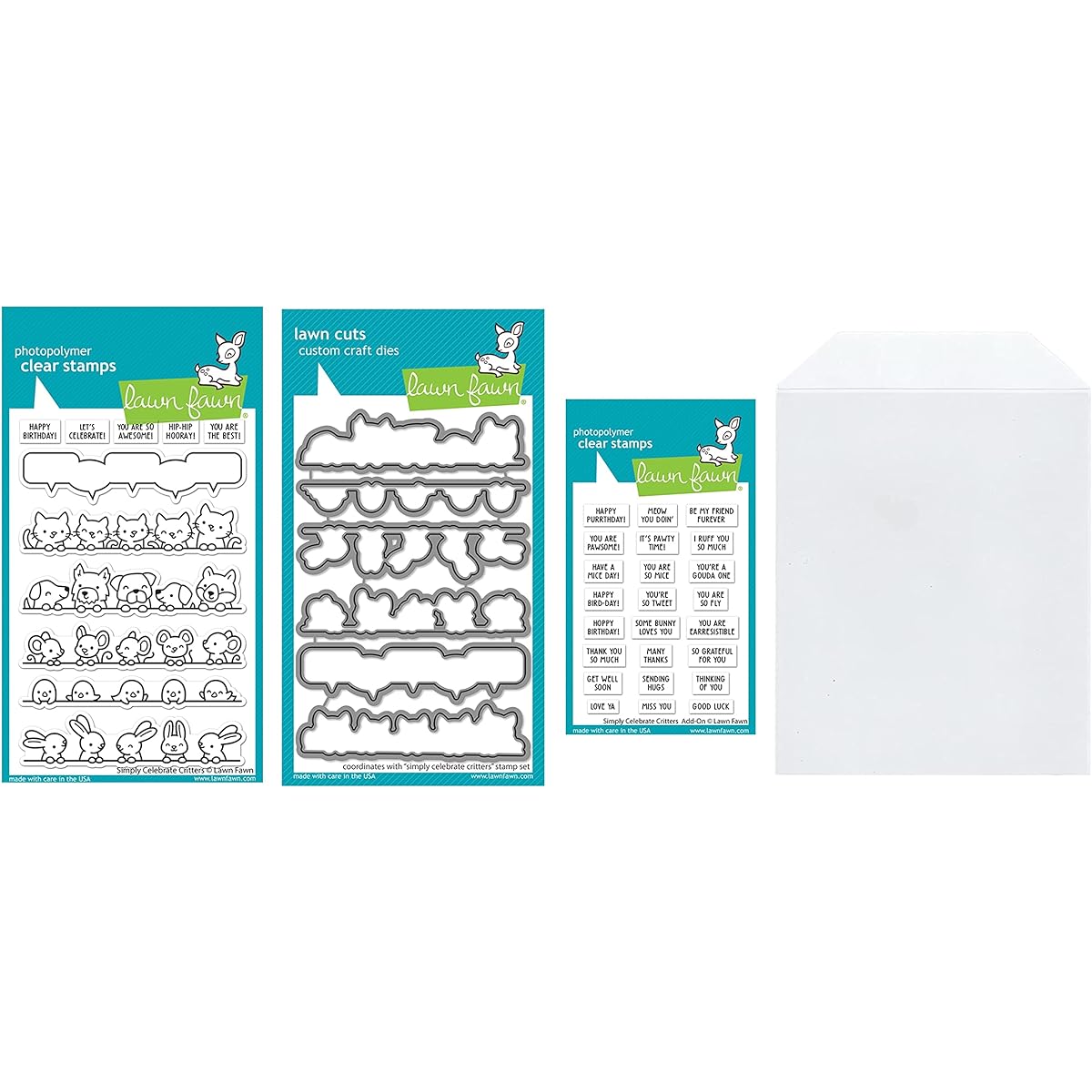 Lawn Fawn Simply Celebrate Critters 4" x 6" Clear Stamp Set with Coordinating Dies Simply Celebrate Critters 3" x 4" Stamp Add-on Set (LF2860 LF2861 LF2862) 1 Stamp/Die Storage Pocket 4 Piece Set