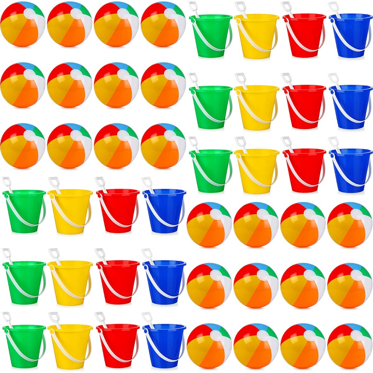 24 Pieces 12 Inch Beach Balls and 24 Pieces Beach Sand Toys Set 5 Inch Beach Pail Sand Bucket and Sand Shovel Set Inflatable Pool Beach Balls Bulk Summer Outdoor Games Beach Party Supplies