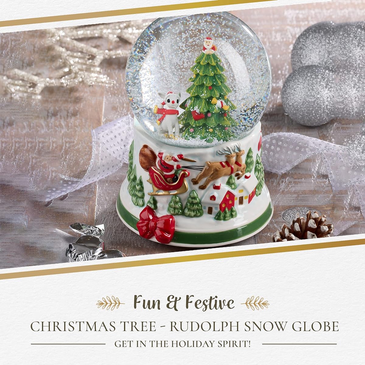 Spode Christmas Tree - Rudolph the Red Nosed Reindeer | Christmas Snow Globe | Light Up Snow Globe | Winter Snow Globe | LED Snow Globe - Dolomite & Glass | Globe Decoration - 6.5 inches