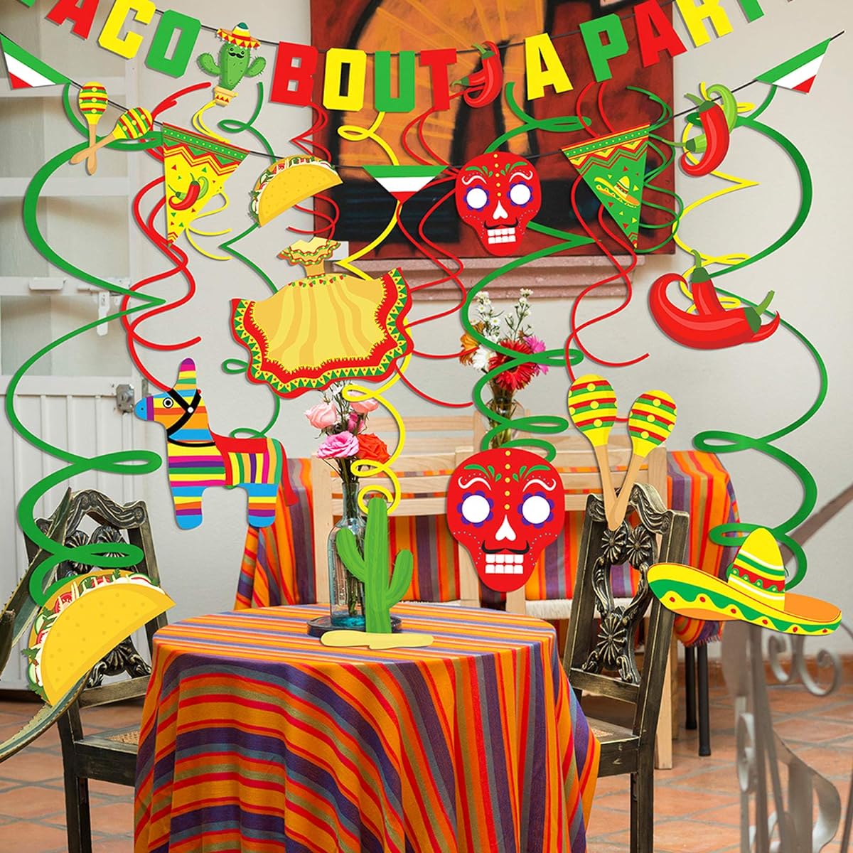 PADELO Cinco De Mayo Fiesta Hanging Swirl Decorations, Mexican Fiesta Party Swirls Streamer Foil Hanging Ceiling Decor Home Ceiling Spiral Decorations for Party Backdrop 30pcs
