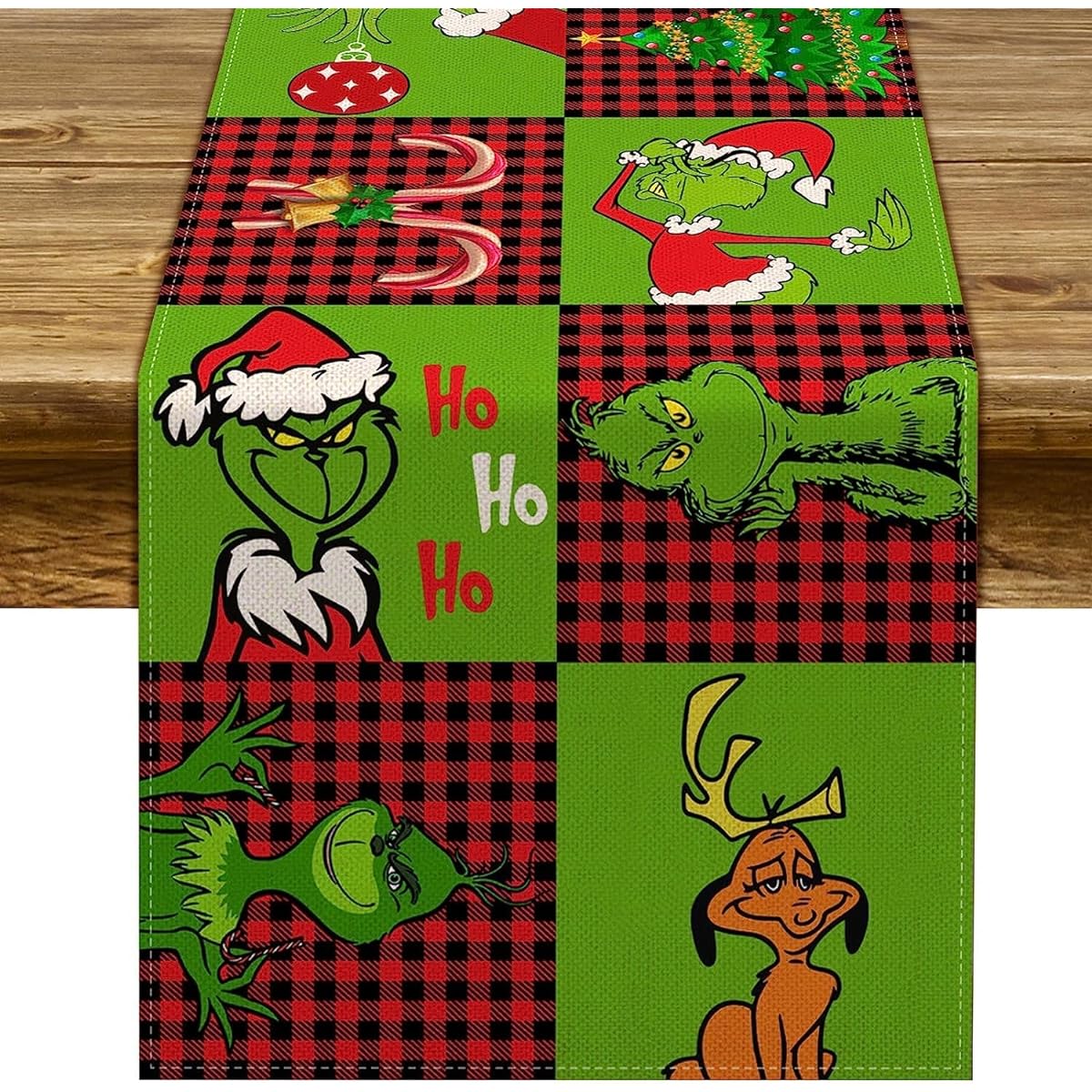 Pudodo Merry Grinchmas Table Runner Buffalo Check Christmas Winter Holiday Party Fireplace Kitchen Dining Room Home Decor (13" x 90")
