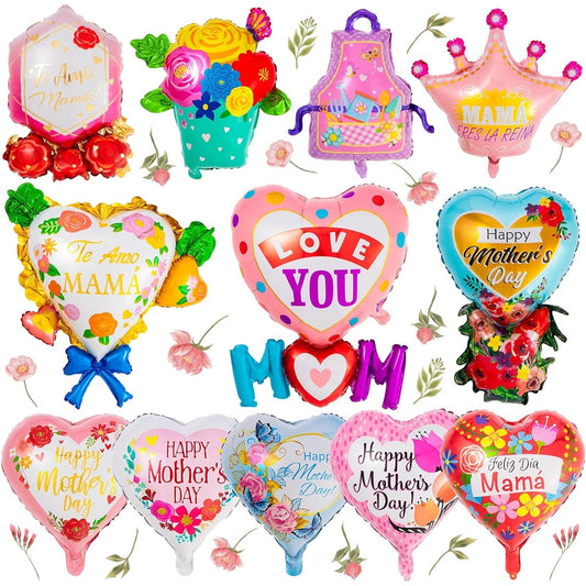 12pcs Mother's Day Balloons Happy Feliz Dia Mama Foil Balloons Mother's Day Heart Mylar Balloons Best Mom Ever Mom Party Birthday Decoration Supplies