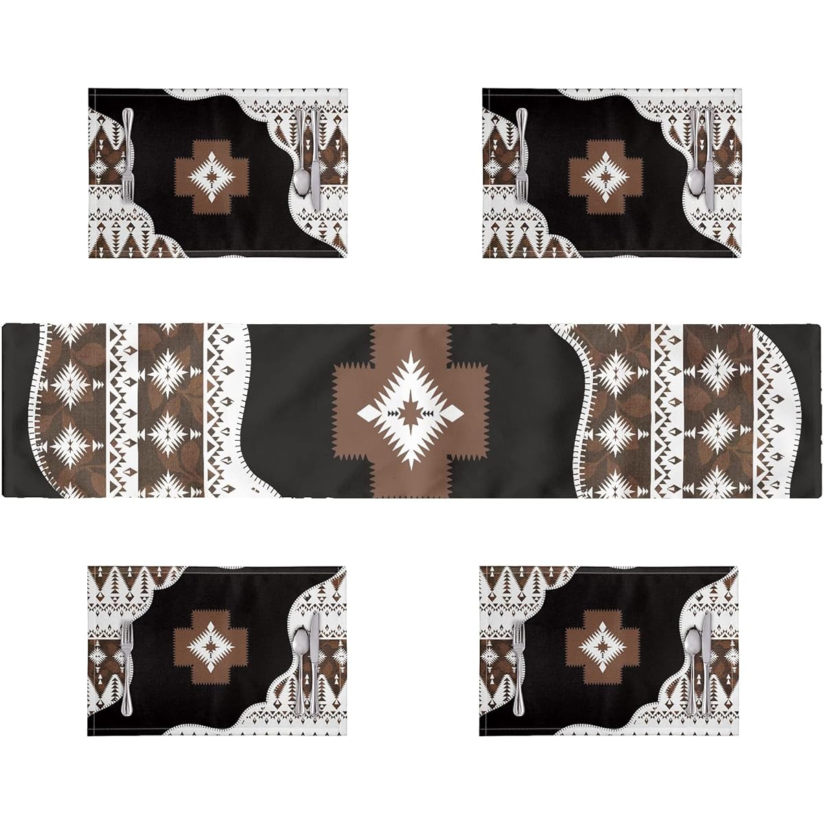 GLENLCWE Aztec Antique Design Long Table Runner with Placemats, Set of 5, for Dining Table, Kitchen, Everyday Decor, Heat Assistant