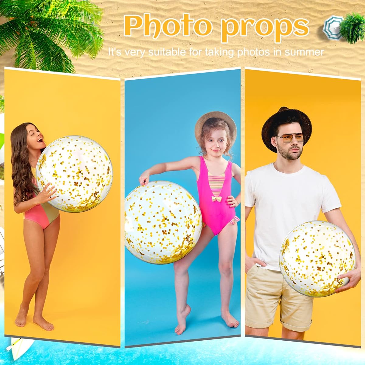 50pcs Glitter Beach Balls Swimming Pool Party Balls Bouncy Inflatable Balls Floating Confetti Beach Balls for Kids/Adults Summer Beach Decorations (Gold)