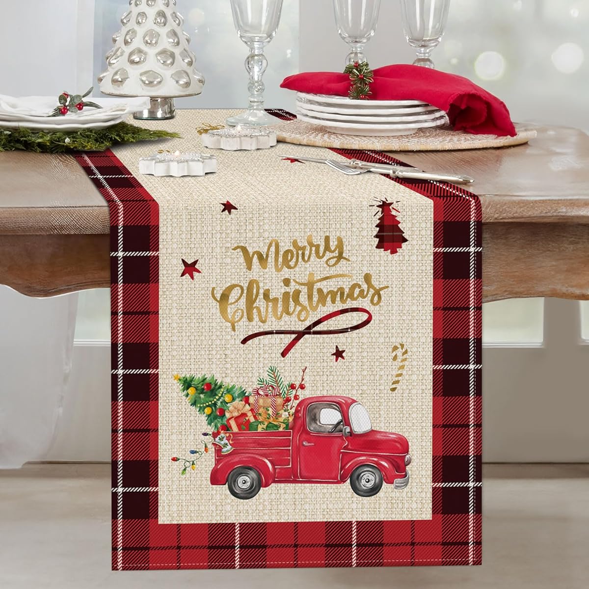 Bonhause Merry Christmas Red Truck Table Runner 13x90 Inch Buffalo Check Christmas Tree Seasonal Winter Holiday Kitchen Dining Table Decor Indoor Outdoor Home Party Decor
