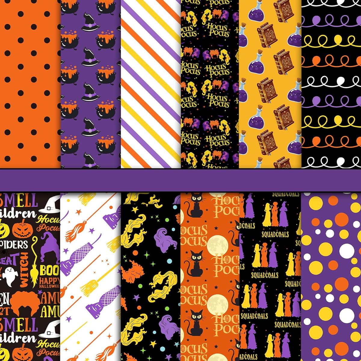 Whaline 60pcs Hocus Pocus Pattern Paper Halloween Witch Scrapbook Specialty Paper Double Sided Cat Dots Stripes Decorative Craft Paper for DIY Card Making Photo Album Journal Decoration 5.5 x 8.3 Inch