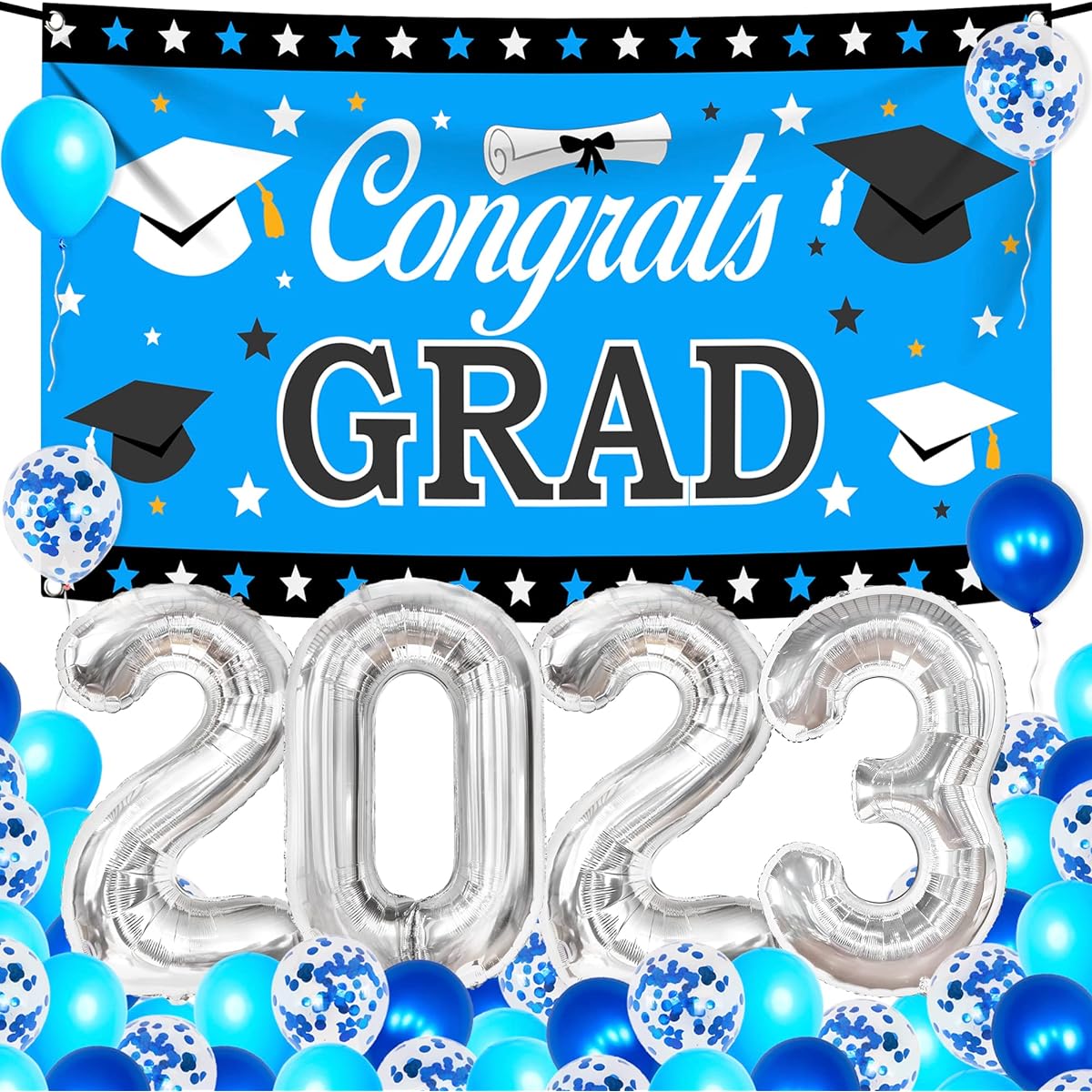 KatchOn Blue 2023 Balloon Graduation Banner Large Set of 30 Graduation Celebration Banners Blue and Silver Graduation Decorations 2023 Graduation Background Graduation Decorations 2023