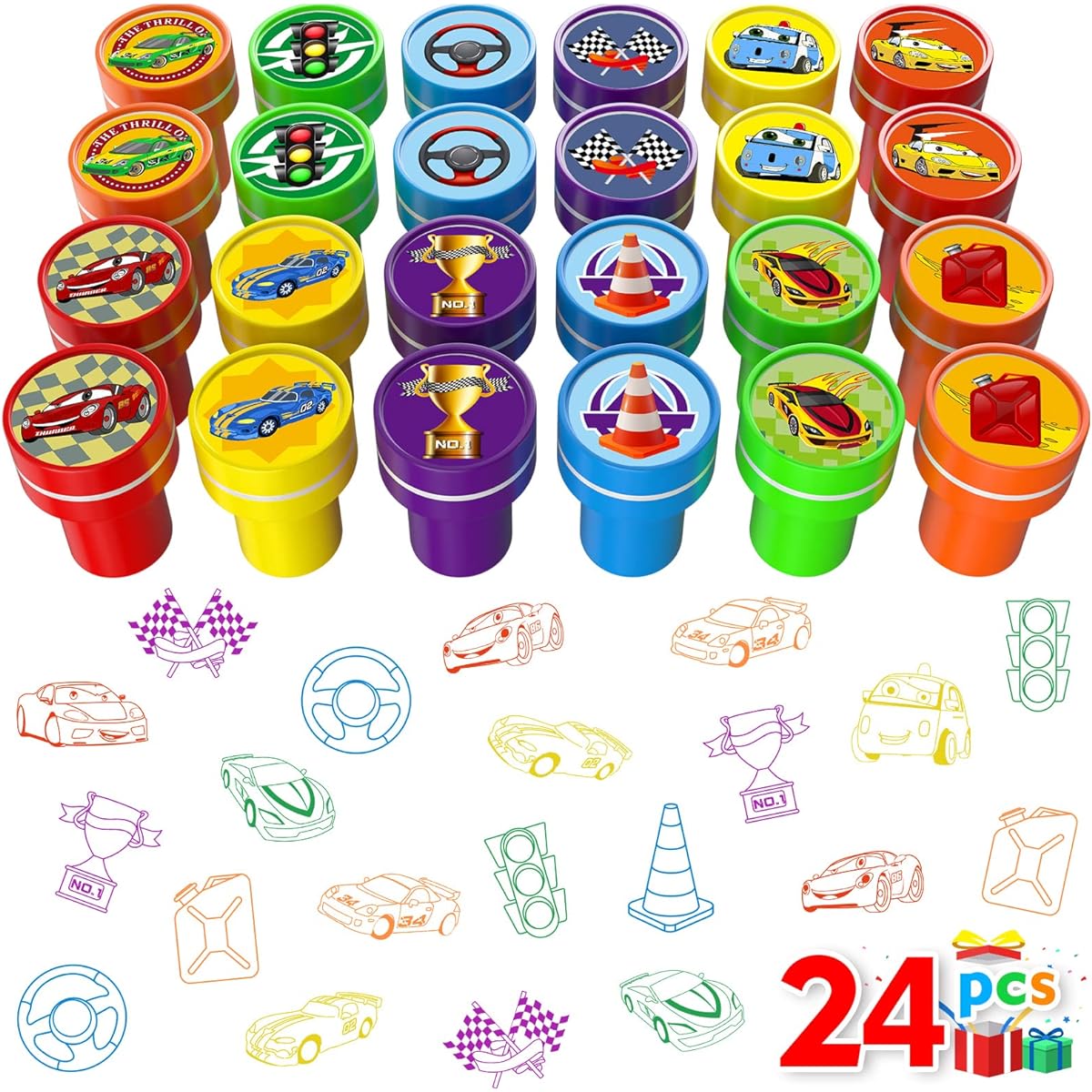 AFZMON Race Car Party Stamps for Kids, 24pcs Assorted Race Car Wheels Self Inking Stamps Goodie Bag Stuffers, 2 Fast Birthday Party Favors for Kids, Teacher Stamps, Rewards, Pinata Fillers, Carnival Prizes