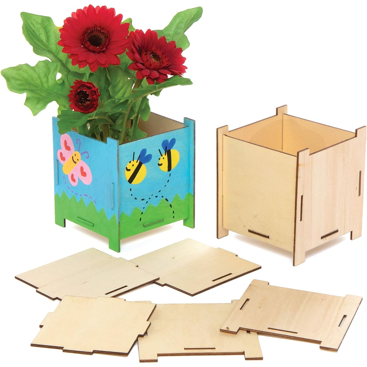 Baker Ross Assorted Wooden Flower Pot Kits Creative Arts & Crafts Supplies for Kids to Personalize and Decorate (4 Pack)
