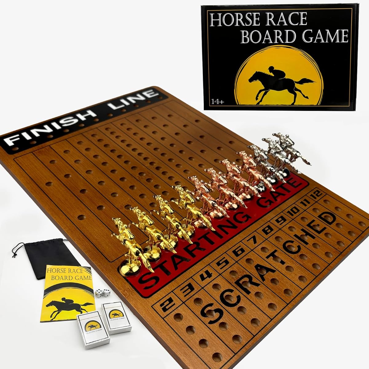 Petoysoso Horse Racing Board Game Bamboo Horse Racing Board Game with 11 Metal Horses, 2 Decks of Dice, 2 Decks of Cards, Horse Racing Game Board (Rustic Brown...)