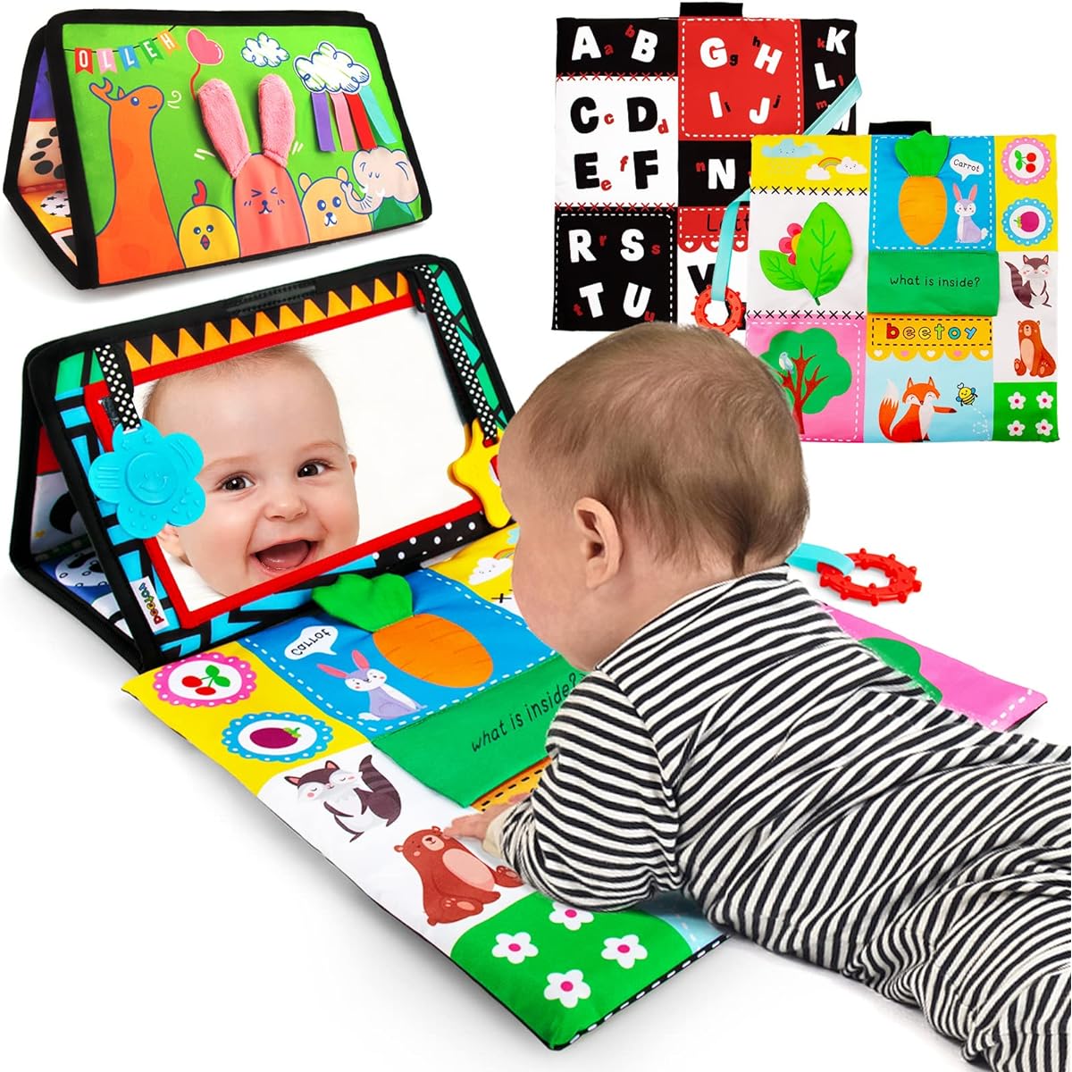 beetoy Tummy Time Baby Mirror Toy Black and White Contrast Pattern 3D Activity Play Crinkly Toy Foldable Toy Perceptual Development Newborn Infant 0-6 Months