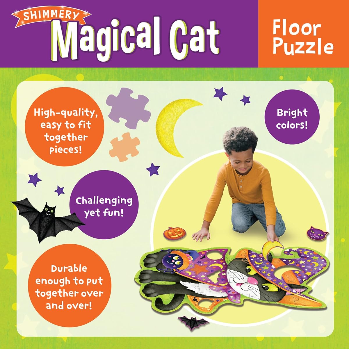 Peaceable Kingdom Glitter Magical Cat Floor Puzzle - Giant Halloween Puzzle for Ages 3 and Up - Fun Shaped Puzzle Pieces - Perfect for the Classroom