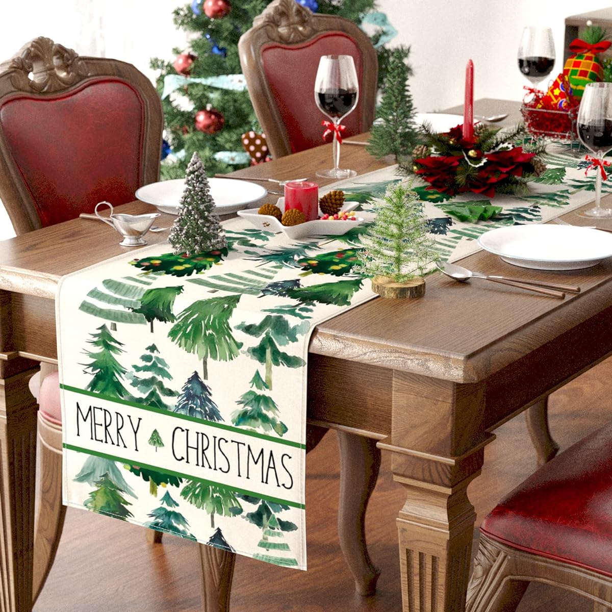 Siilues Christmas Table Runner Christmas Tree Decorations Christmas Table Runner for Table Seasonal Christmas Winter Holiday Decorations Indoor Outdoor Dining Table Decoration SOTR29 (13" x 72")